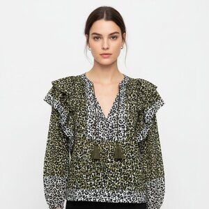 Ulla Johnson Leopard Print Boho Blouse Long Ruffle Sleeves V-Neck Cotton Size 0